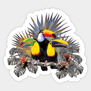Polygonal art of toucan birds and Amazon rain forest plants. Sticker